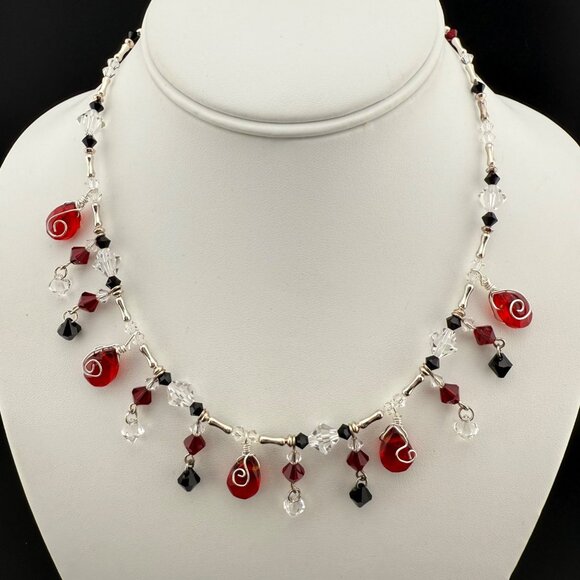 Sterling Silver Necklace With Red Black & Clear Crystal Dangle Beads Wire Wrappe - Picture 1 of 9